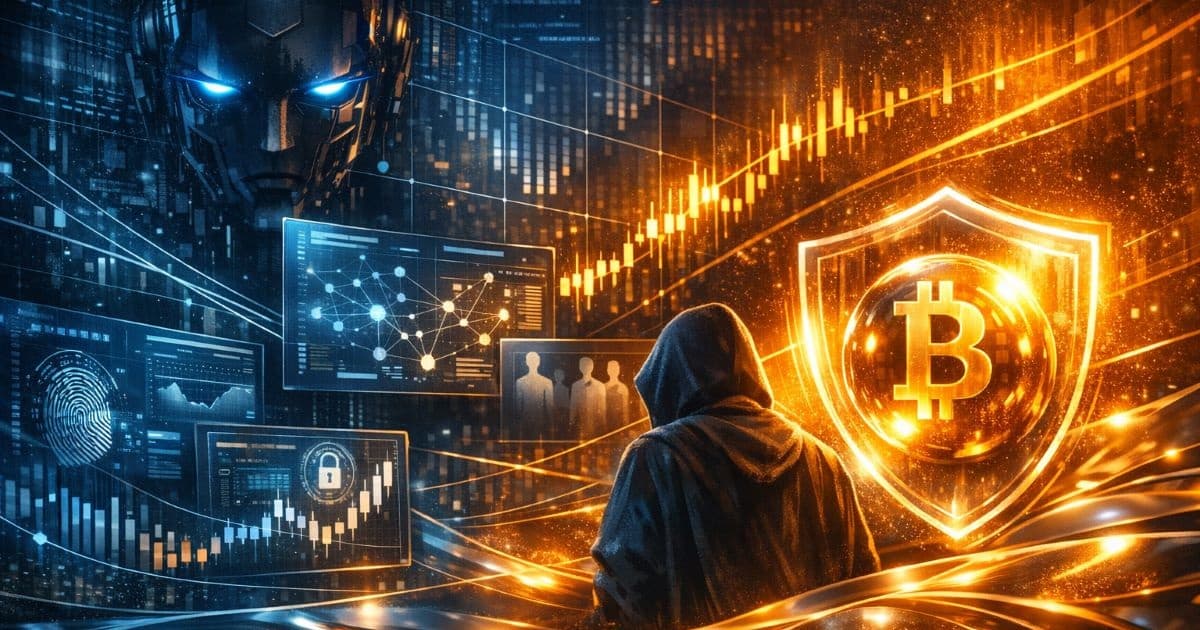 A cinematic macro image showing AI-driven surveillance models analyzing blockchain activity, highlighting the tension between compliance and privacy.