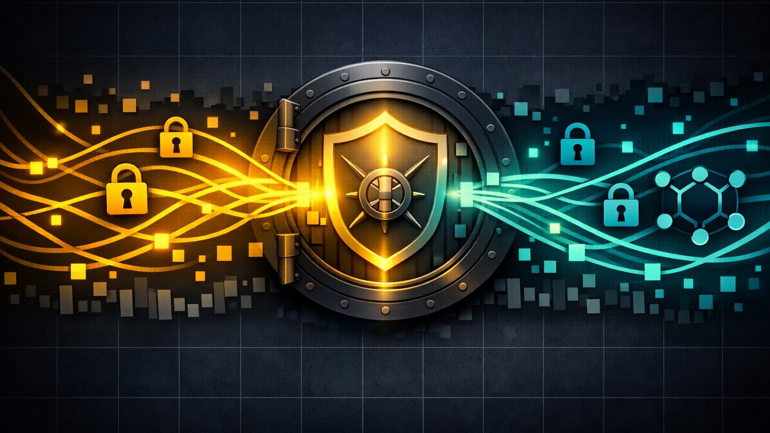 A dark 2D editorial illustration showing encrypted liquidity streams converging into a glowing vault symbolizing privacy yield — anonymity as performance.