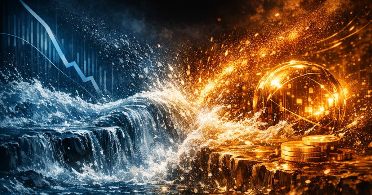 A cinematic macro image showing liquidity tightening after the FOMC decision, with Bitcoin volatility and ETF outflows contrasted against ETH resilience.