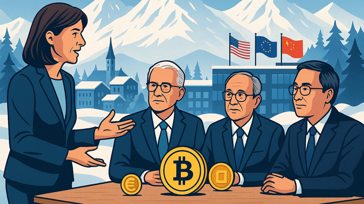 Illustration of global finance leaders in Davos discussing digital assets and the future of money.