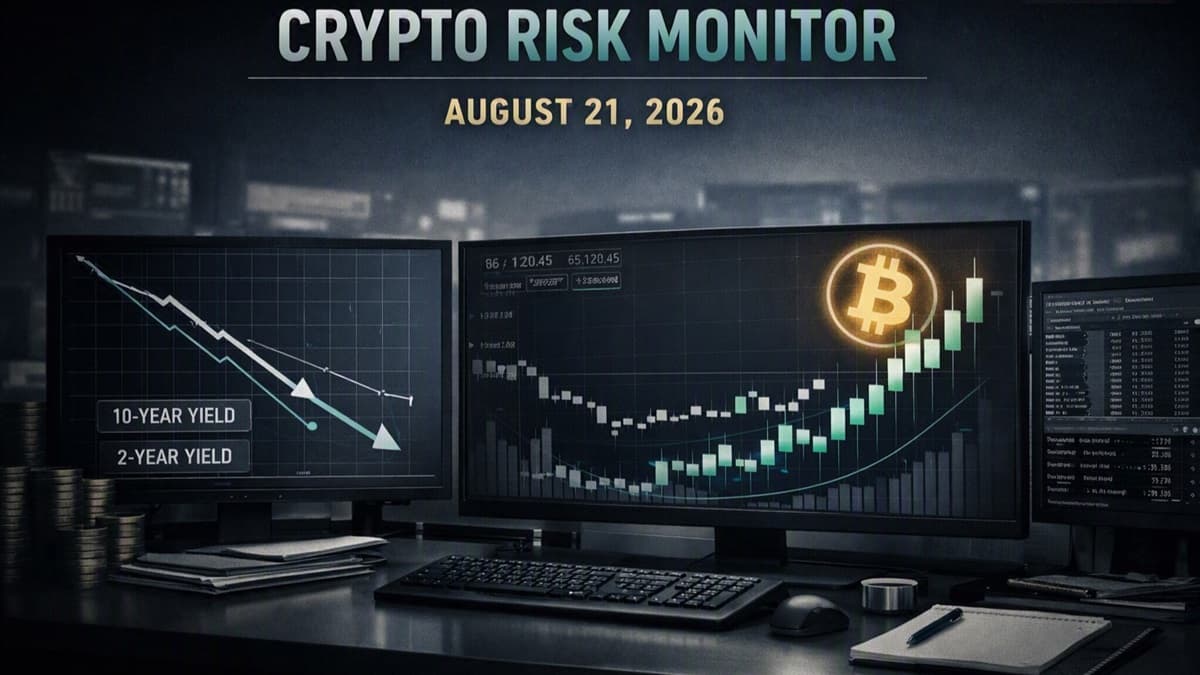 Editorial macro-crypto illustration showing falling yields, rising Bitcoin candles, and a liquidity map — representing the August 21, 2026 risk environment.