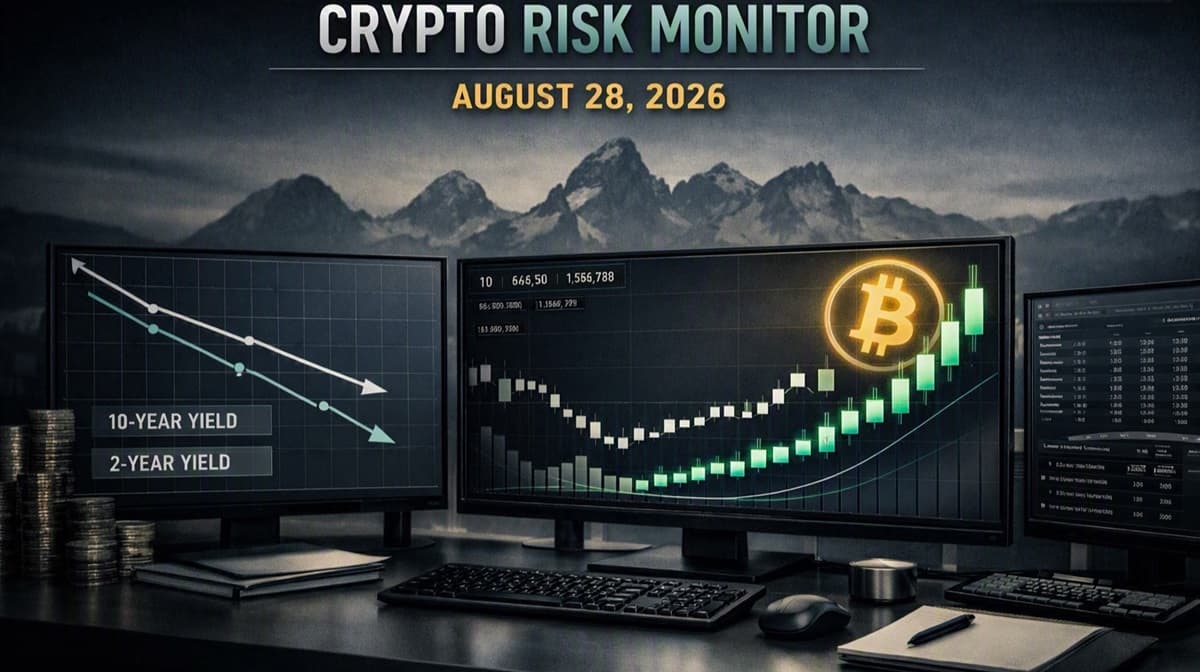 Institutional trading desk visual showing rising yields and a firm Bitcoin chart after Warsh's hawkish Jackson Hole speech, representing the August 28, 2026 risk environment.