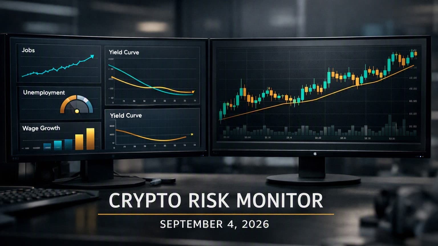 Institutional trading desk visual showing labor data and yield moves on the left and a Bitcoin chart on the right, representing the September 4, 2026 risk environment.