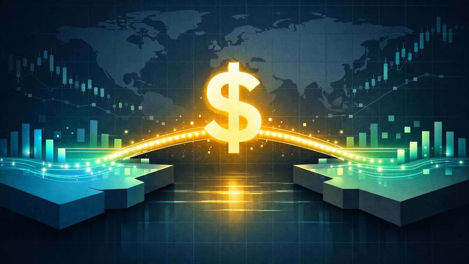 A flat 2D macro-finance illustration showing a glowing dollar symbol bridging two liquidity pools, symbolizing crypto pricing the dollar gap before FX markets.