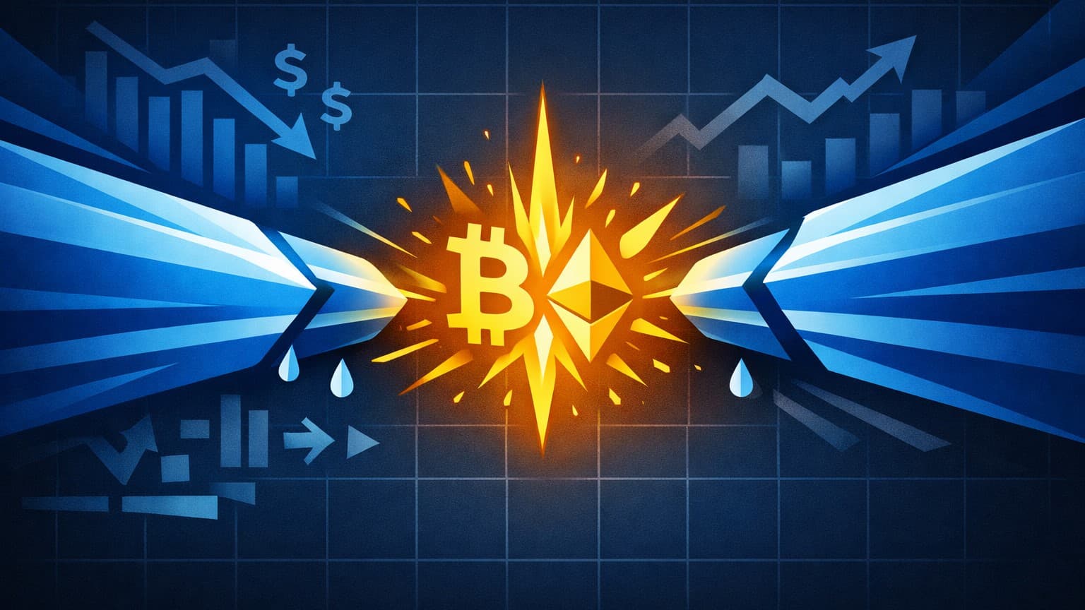 A flat editorial macro illustration showing widening dollar liquidity channels and crypto reacting first.