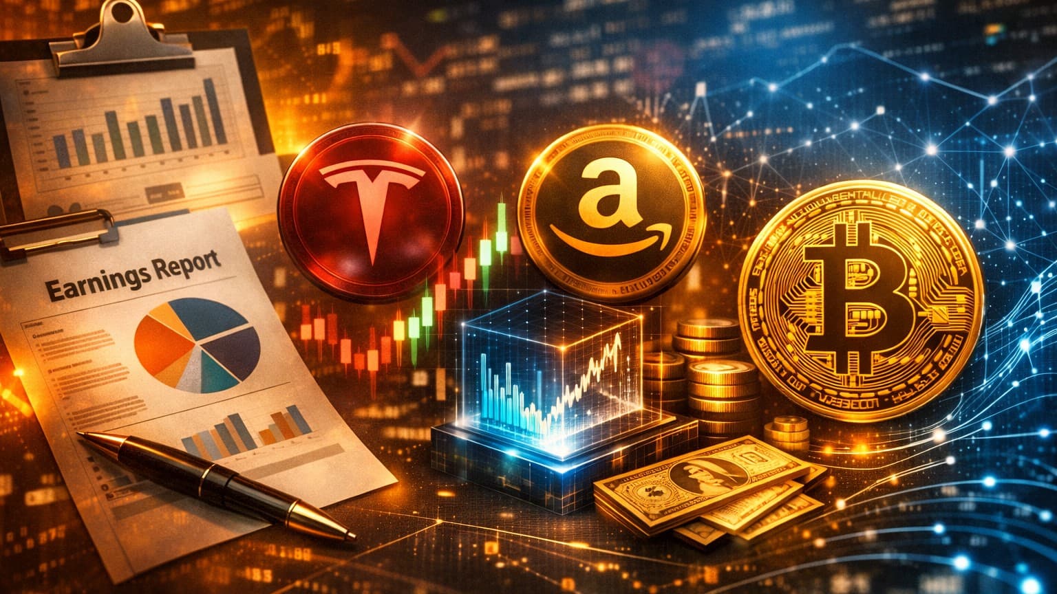 An abstract macro illustration showing a wave of corporate earnings reports and their ripple effects across tokenized stocks and crypto markets.