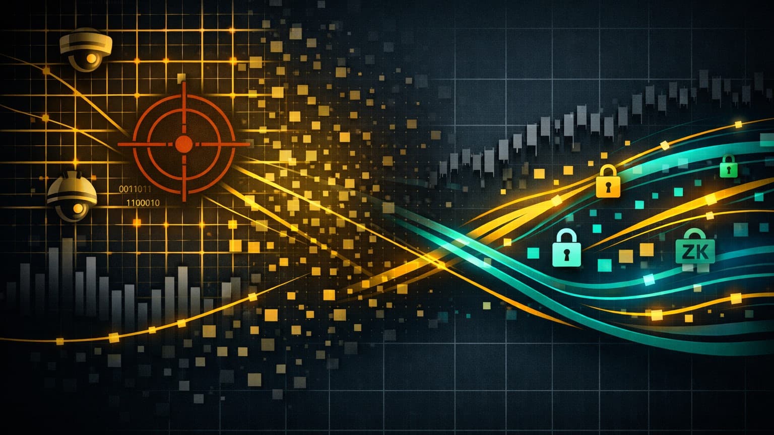 A dark editorial illustration showing surveillance grids fading into encrypted private execution channels, symbolizing the shift from monitored to private trading.