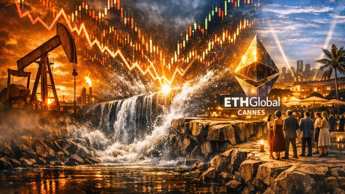 A cinematic macro image blending rising oil markets, tightening liquidity, and the energy of ETHGlobal Cannes.
