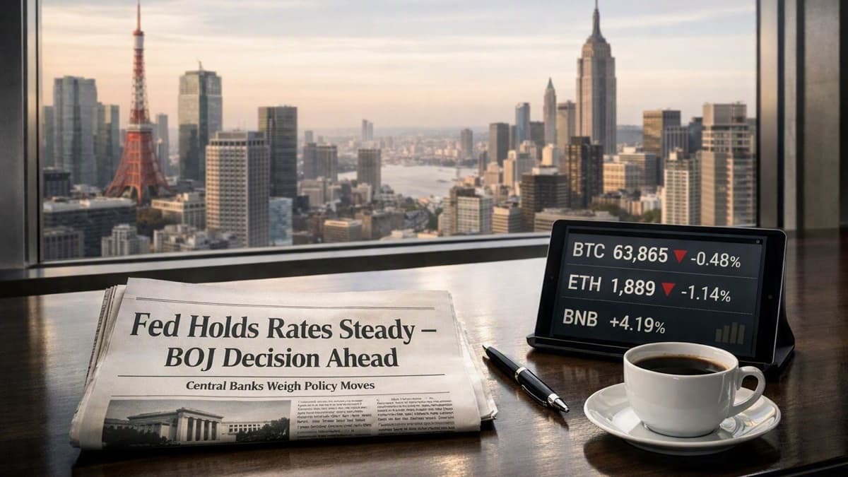 Institutional macro scene showing traders monitoring Fed and BOJ decisions with crypto charts consolidating on large screens.