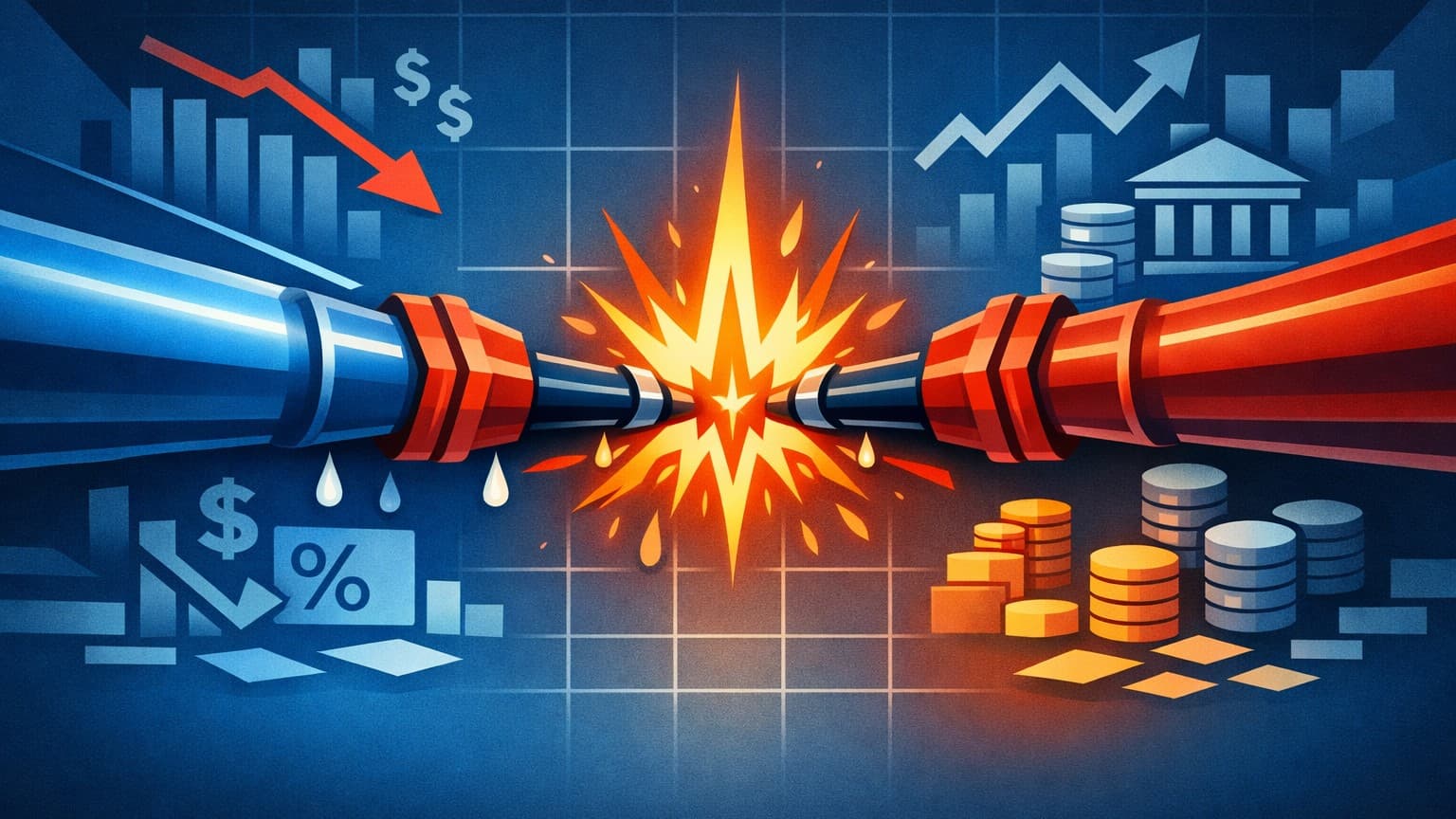 A flat editorial macro illustration showing shrinking funding channels and crypto reacting first.