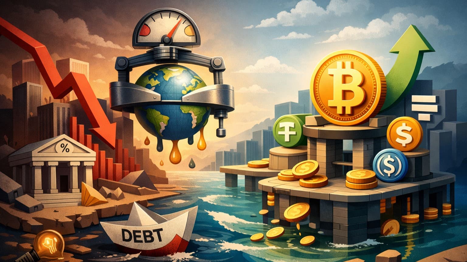 A macro-themed 2D illustration showing global liquidity tightening and crypto emerging as a stabilizing force.