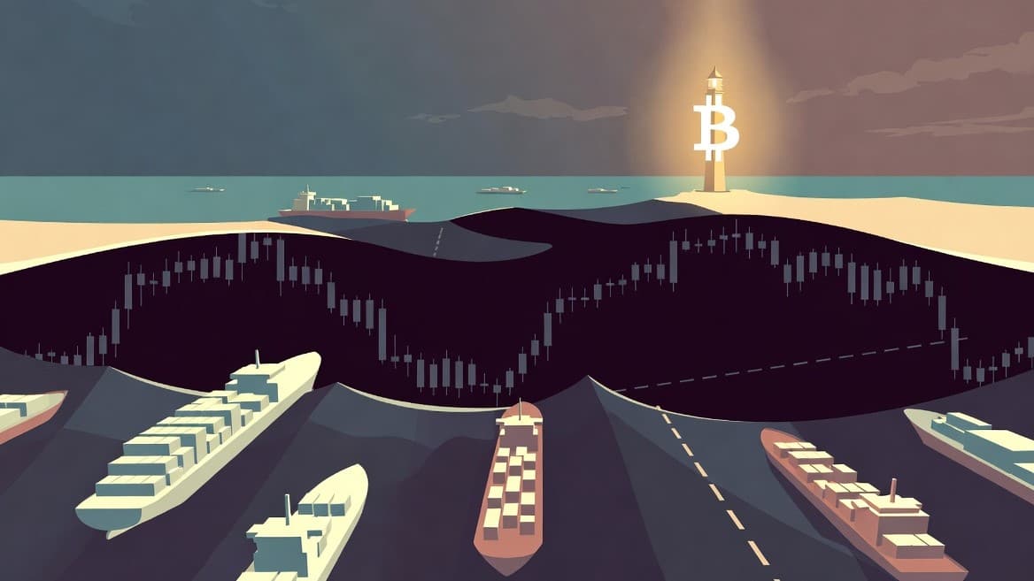A warm-toned macro illustration showing global market stress from the Strait of Hormuz crisis and Bitcoin emerging as a safe-haven asset.