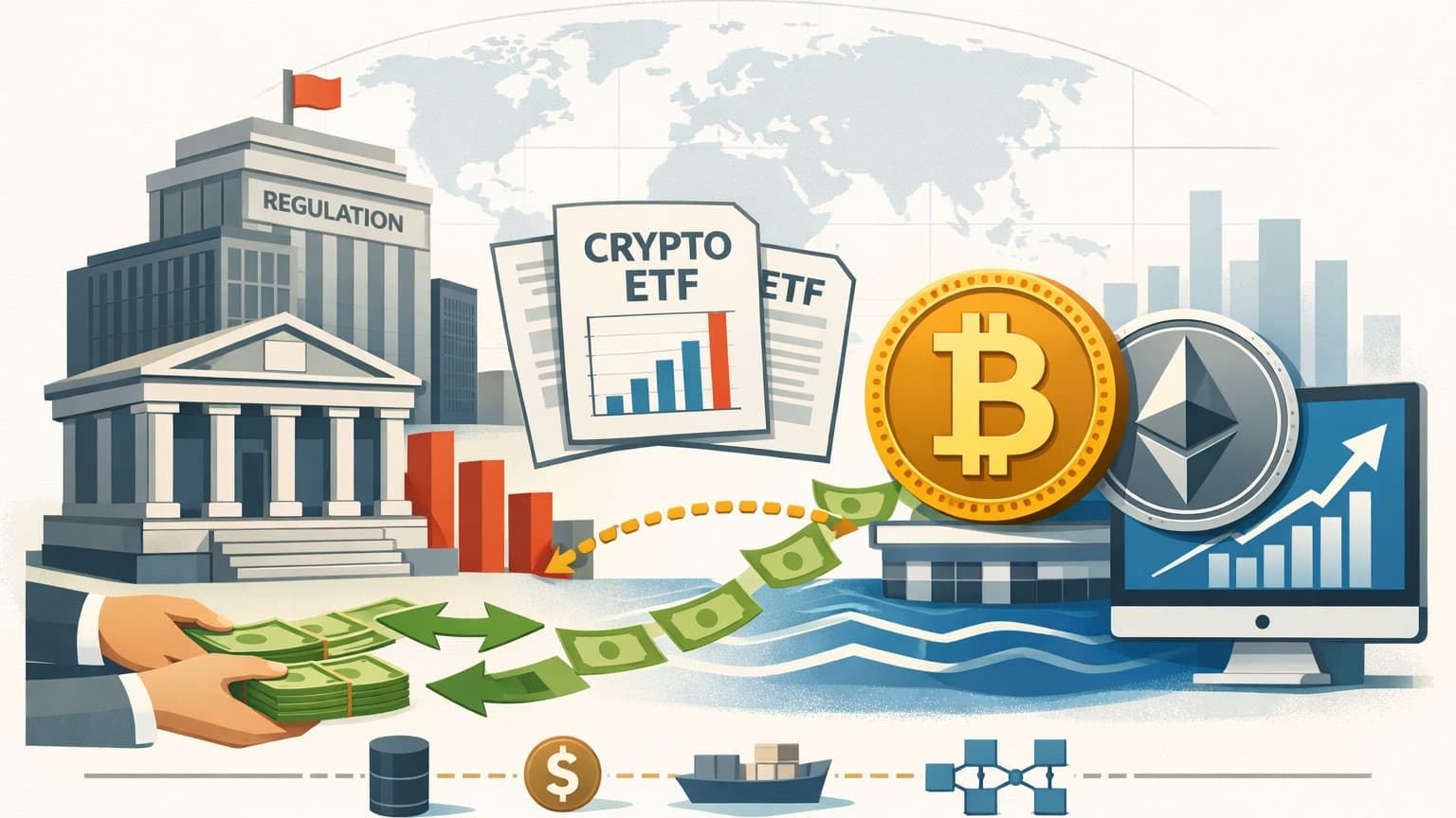 A clean editorial macro illustration showing institutional capital flows, ETFs, and structured digital markets.