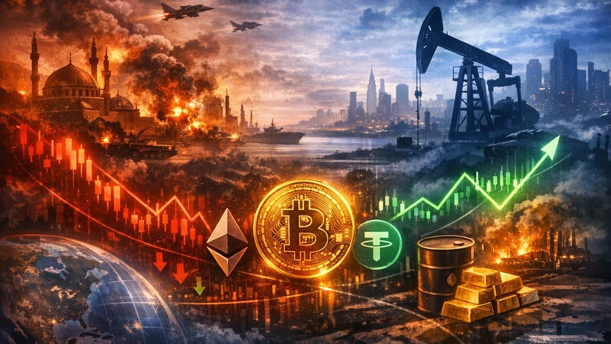 A macro‑themed illustration showing rising geopolitical tension and its impact on global markets, with digital asset price movements reacting to uncertainty and risk.