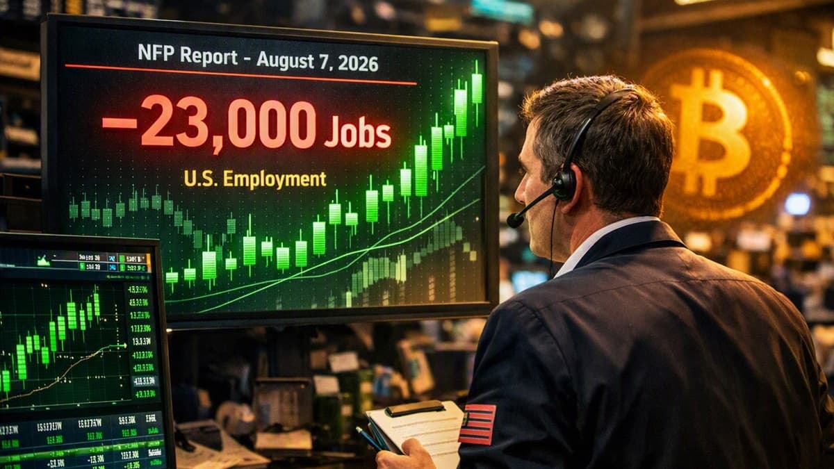 A digital illustration showing a trader on the NYSE floor with charts turning green as a negative jobs print flashes on screen — symbolizing market relief and risk‑asset rally.