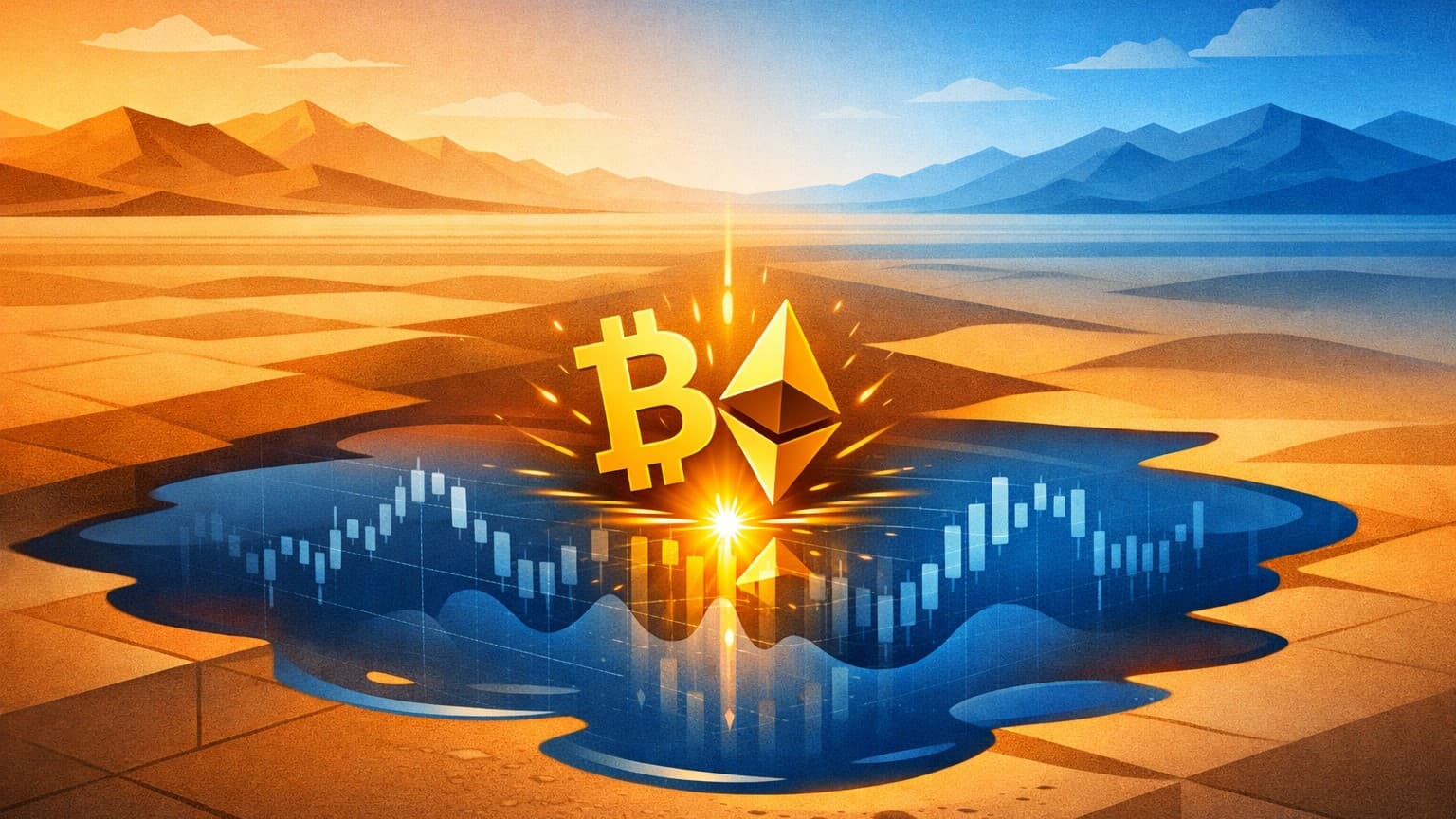 A surreal macro-finance illustration showing a desert-like liquidity mirage with crypto revealing true depth beneath.