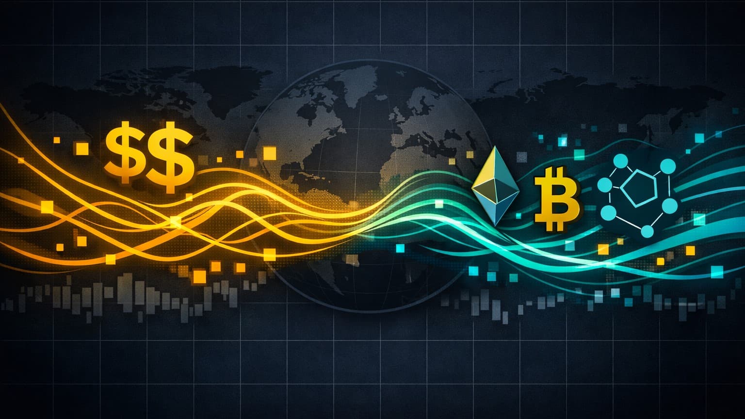 A dark 2D editorial illustration showing global liquidity waves shifting from dollar symbols to neutral crypto nodes, symbolizing risk repricing in a post‑dollar world.