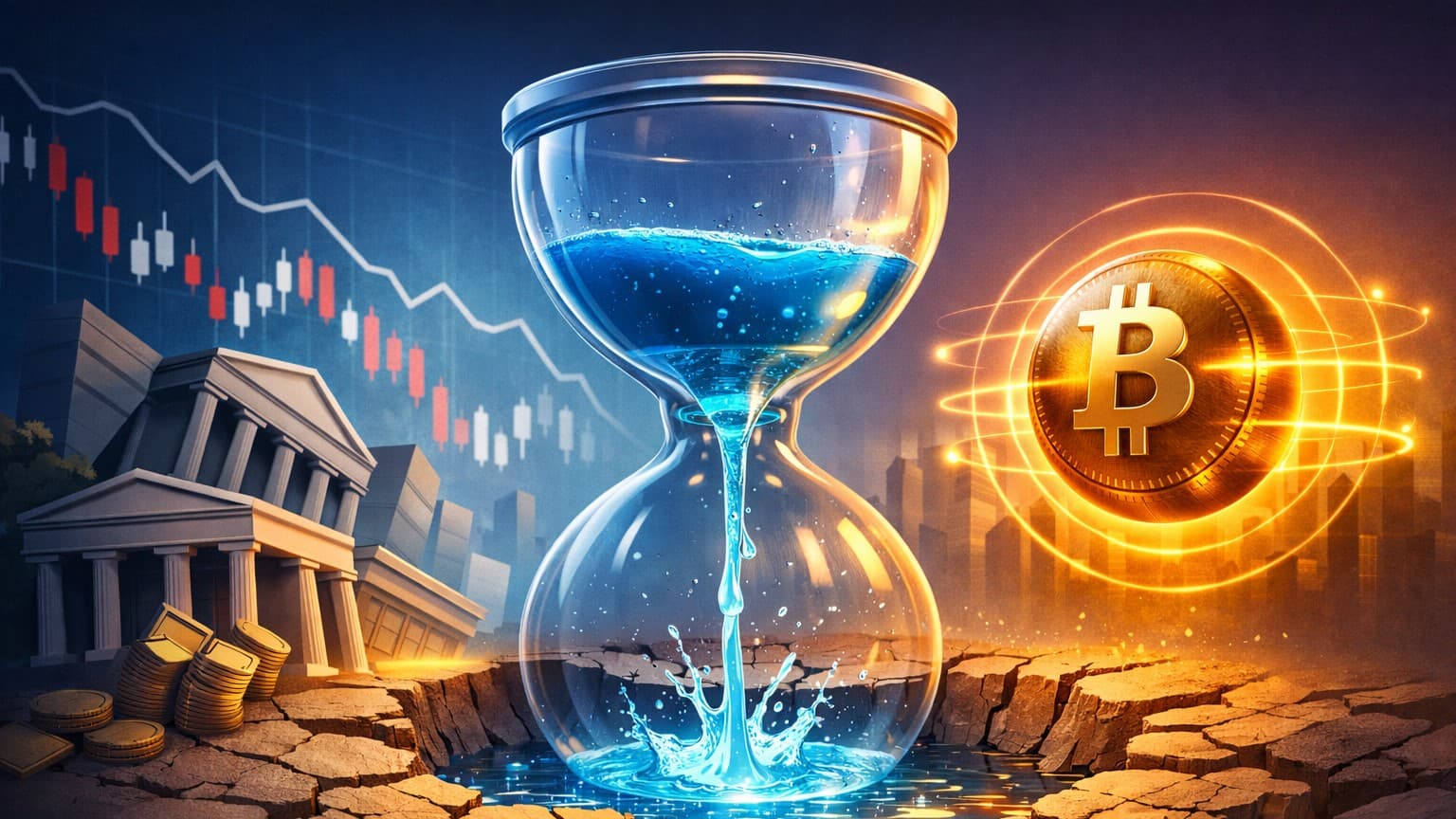 A clean editorial macro illustration showing global liquidity contraction and crypto acting as a real-time risk barometer.