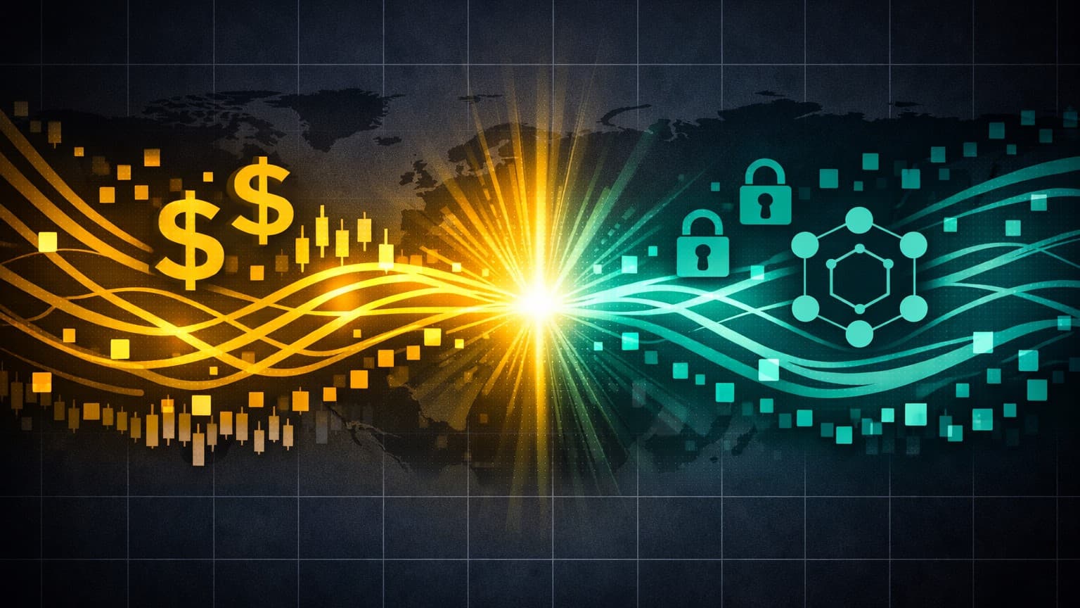 A 2D editorial illustration showing liquidity waves merging with encrypted privacy channels, symbolizing the convergence of macro risk and private execution.