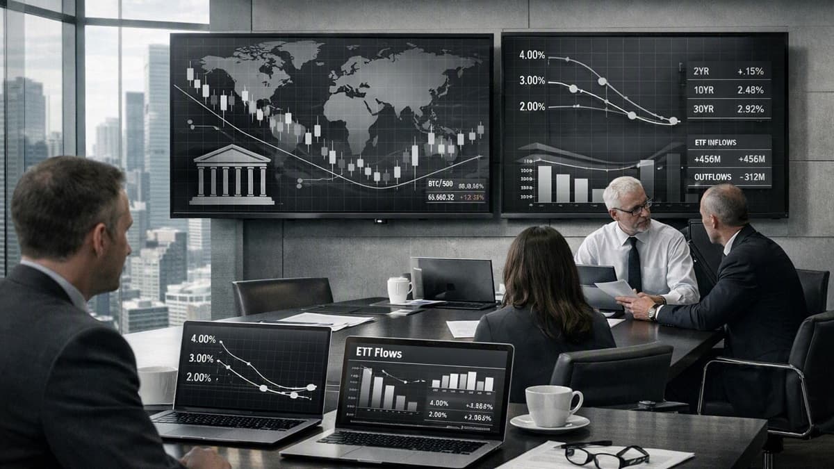 A dark macro‑editorial illustration showing compressed liquidity waves, regulatory pressure, and oil‑driven macro tension.
