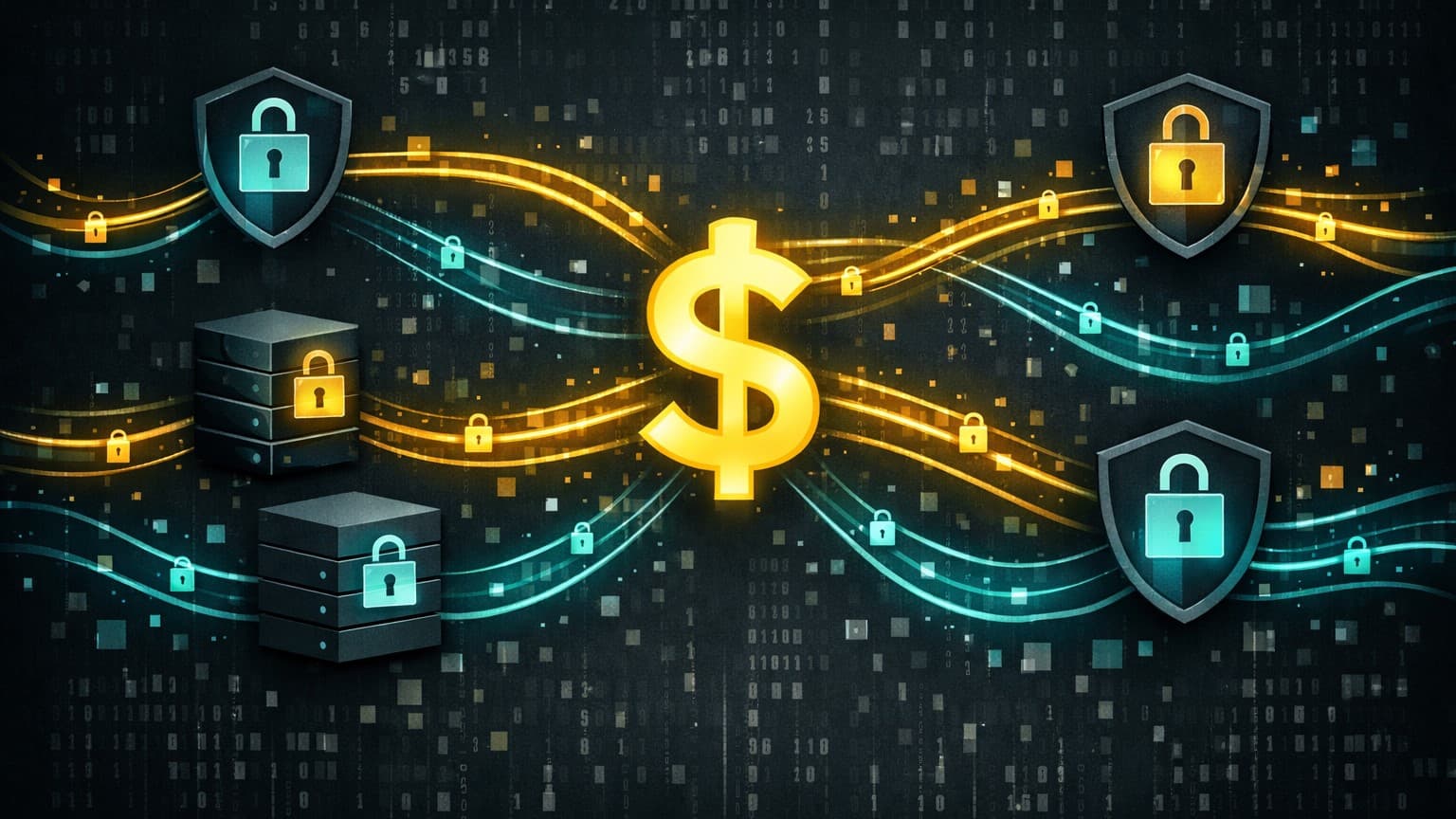 A dark 2D editorial illustration showing private liquidity routes flowing through encrypted non‑custodial channels.