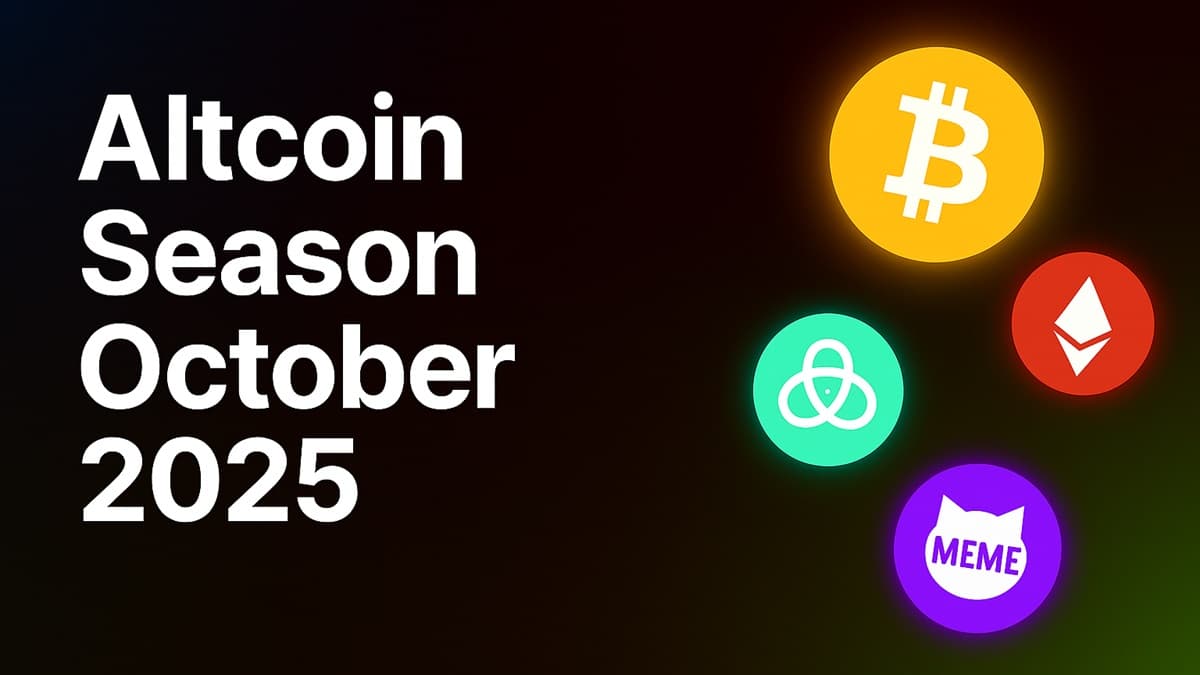 Altcoin Season October 2025 text with glowing Bitcoin, Ethereum, and meme coin icons on a dark gradient background.