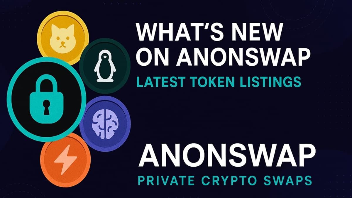 AnonSwap token listing showcase with anonymous coin icons, privacy-first turquoise accents, and layered purple-blue gradients.