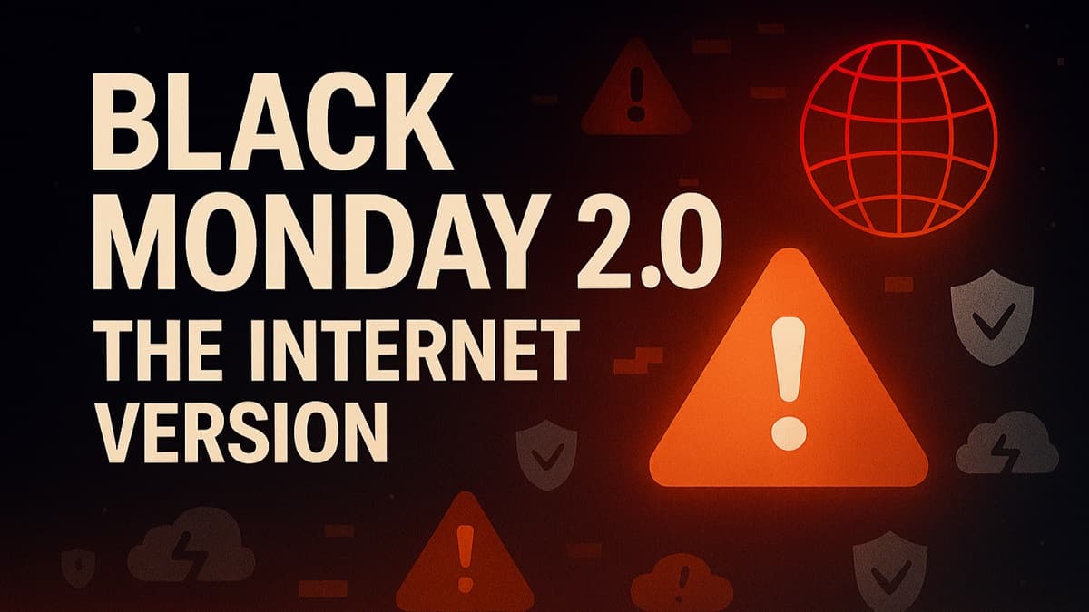 Black Monday 2.0 – The Internet Version text with error triangles, a globe, and outage icons on a dark gradient background. Visual cues include broken cloud icons, red warning symbols, and shield icons for privacy-first trading. All elements are safely within margins.