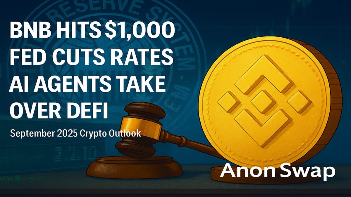Editorial crypto market graphic for September 2025: a golden Binance Coin (BNB) highlighting the $1000 milestone, the U.S. Federal Reserve emblem with a downward arrow for the rate cut, and a futuristic AI agent interacting with DeFi dashboards. Clean, fully visible headline text reads: “BNB Hits $1,000 • Fed Cuts Rates • AI Agents in DeFi.” The AnonSwap logo (no hyphen) appears bottom-right within a safe margin.