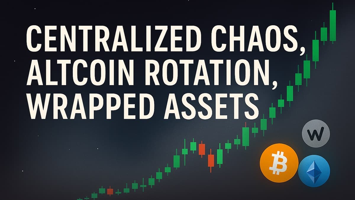 Crypto Chaos, Altcoin Rotation, and Wrapped Assets — October 2025. Bold white text on a dark gradient background with red candlestick charts, falling BTC/ETH icons, rising altcoin symbols, and shield icons for privacy-first trading. All elements are safely within margins.