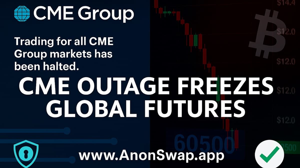 CME Outage Freezes Global Futures — split-screen visual showing CME Group's trading halt announcement on one side, and Bitcoin price charts reflecting volatility on the other. Cyan accents for privacy rails and a green check for the official AnonSwap domain.