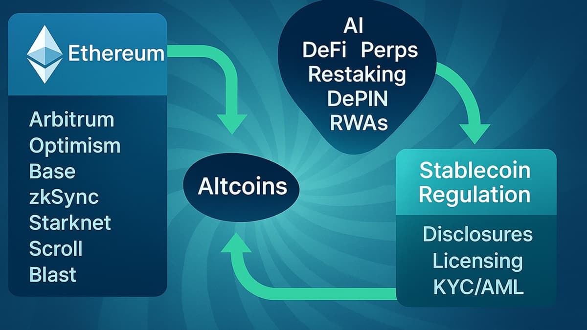 Crypto trifecta visual showing Ethereum L2 chains, altcoin sector clusters, and stablecoin compliance paths converging in a stylized, low-poly vortex with AnonSwap’s privacy-first gradients and soft interface overlays.