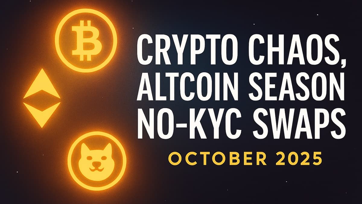 Crypto Chaos, Altcoin Season, and No-KYC Swaps — October 2025. Bold white text on a dark gradient background with glowing Bitcoin, Ethereum, and meme coin icons to the left. Red candlestick charts and lightning effects symbolize market volatility, while shield icons hint at privacy-first trading. All text and visuals are safely within margins.