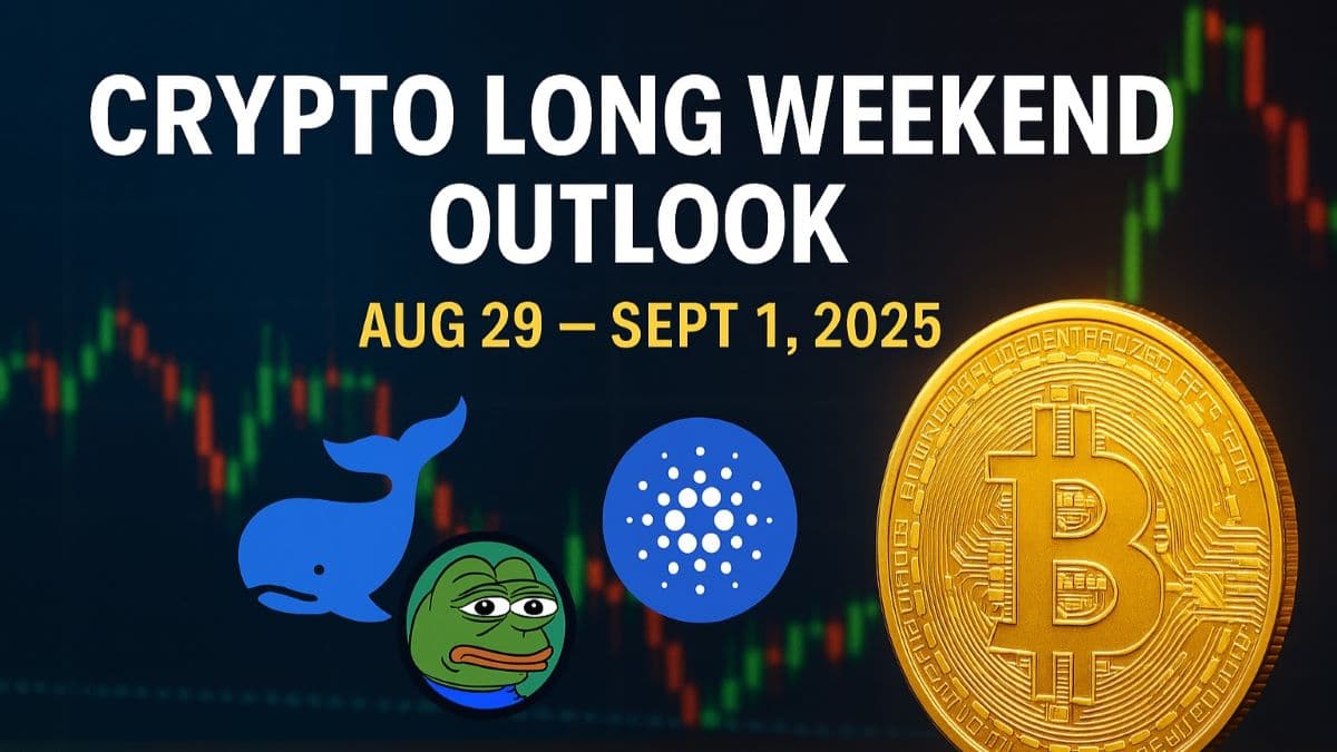 Editorial style crypto market graphic for the August 29 to September 1, 2025 long weekend, featuring a golden Bitcoin coin in the foreground, a judge’s gavel symbolizing regulation, a calendar marked with the holiday dates, and a conference stage backdrop with Ethereum, Cardano, and Monero logos representing key events, new regulations, and market sentiment drivers.