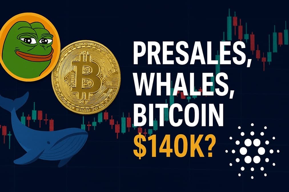 Dynamic crypto market collage featuring a golden Bitcoin coin over candlestick charts, a blue whale icon for whale activity, the Pepe meme coin, and the Cardano logo — highlighting August 2025's presale buzz, whale moves, and Bitcoin's $140K speculation.