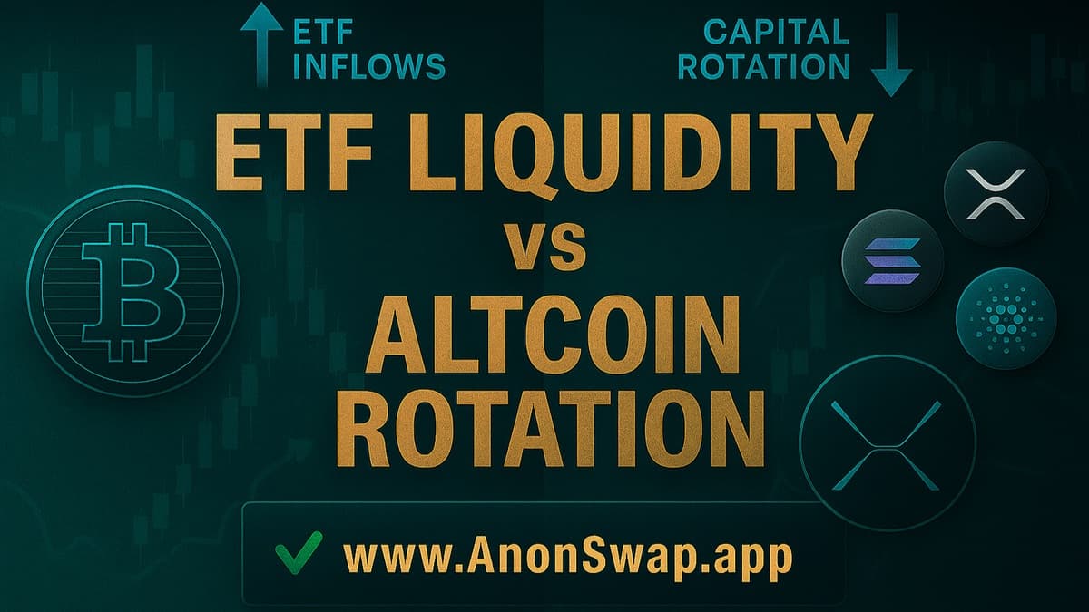 ETF Liquidity vs. Altcoin Rotation — a split-screen design with Bitcoin and Ethereum ETF inflows on one side, and altcoin logos like Solana, XRP, and ADA on the other. Arrows indicate capital rotation. Cyan highlights for privacy rails and a green check for the official AnonSwap domain.
