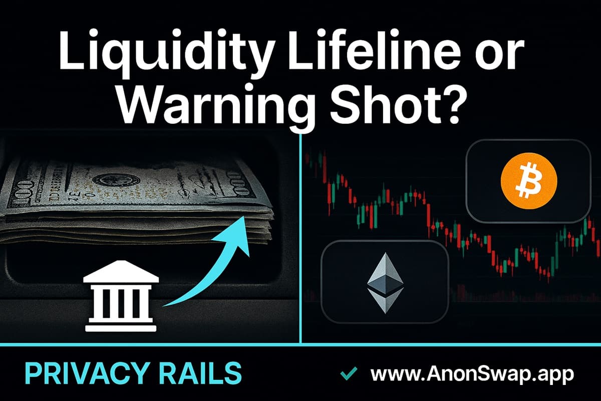 Liquidity Lifeline or Warning Shot? A split-screen visual showing the Federal Reserve injecting cash into banks on one side, and Bitcoin and Ethereum price charts declining on the other. Cyan accents for privacy rails and a green check for the official AnonSwap domain.