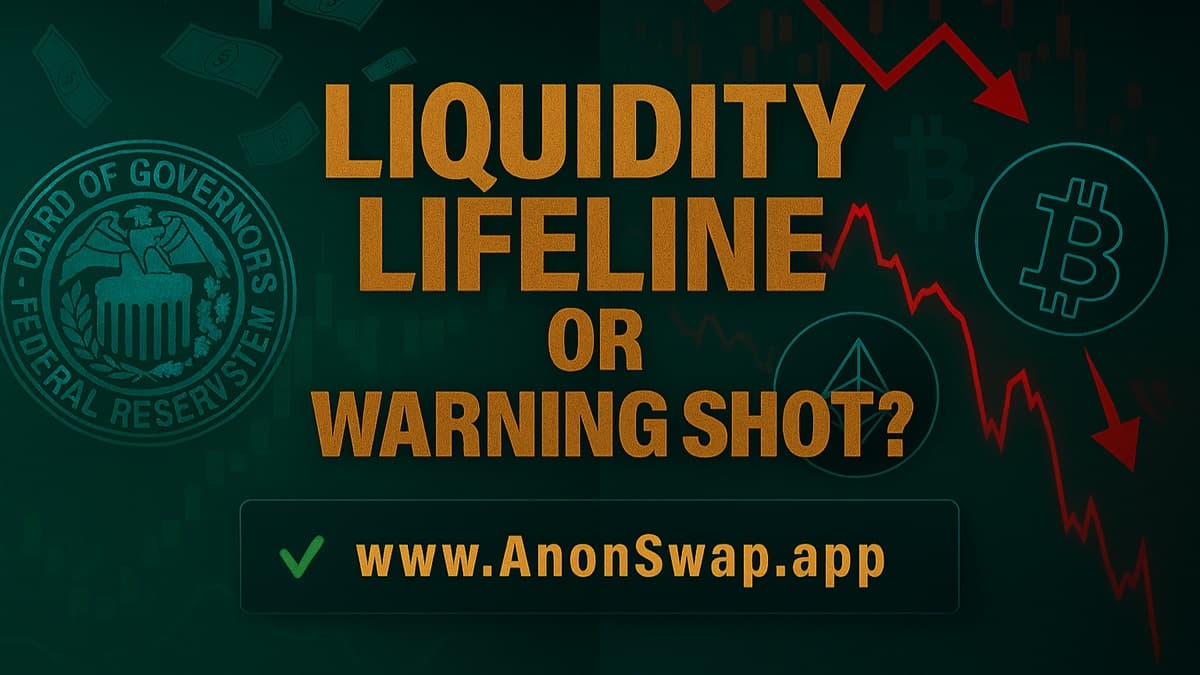 Liquidity Lifeline or Warning Shot? A split-screen visual showing the Federal Reserve injecting cash into banks on one side, and Bitcoin and Ethereum price charts declining on the other. Cyan accents for privacy rails and a green check for the official AnonSwap domain.