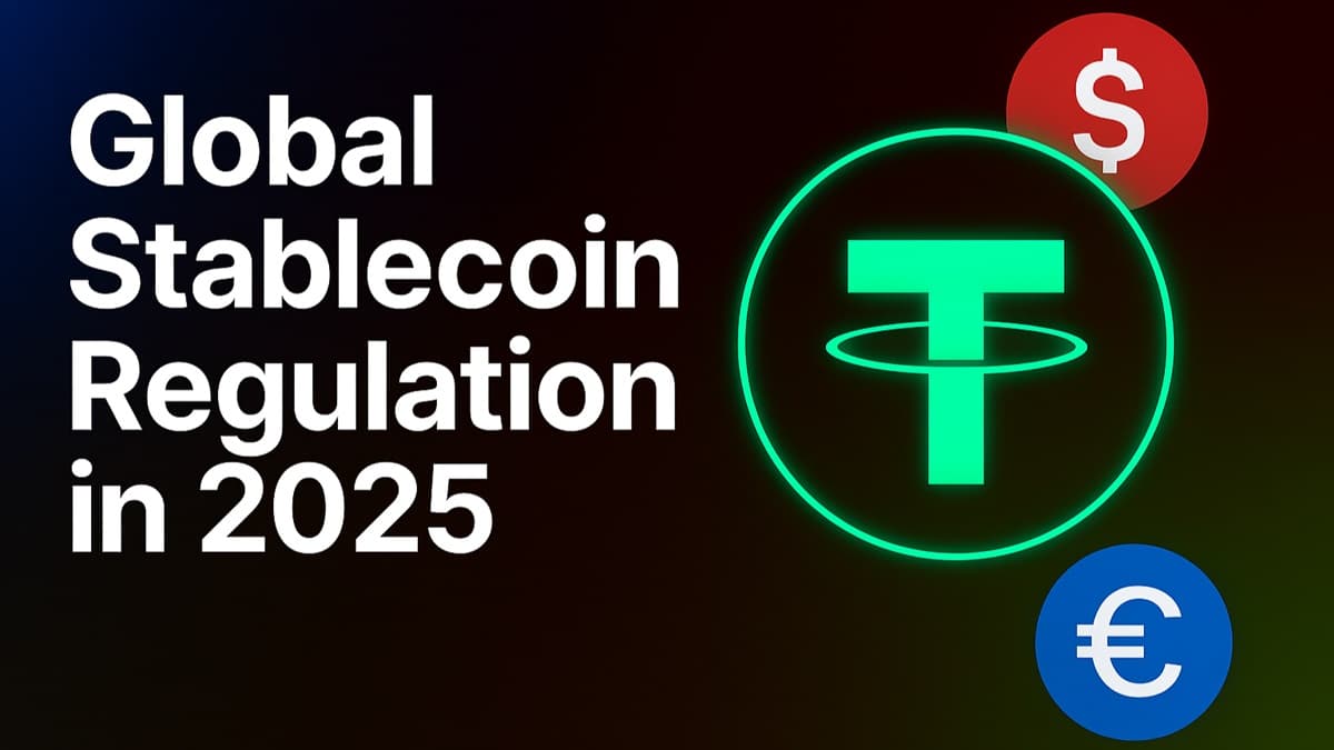 Header graphic for the blog 'Stablecoins Go Global — How Regulation Is Reshaping Crypto Adoption in 2025'. The design features a dark gradient world map with glowing stablecoin icons (USDT, USDC, EUROC, PYUSD) placed over the US, UK, EU, Canada, and Asia. Bold white text on the left reads 'Global Stablecoin Regulation in 2025', set with safe margins so no text touches the edges. The right side highlights a glowing green Tether logo, with cyan and green accents symbolizing digital finance and privacy-first swaps.
