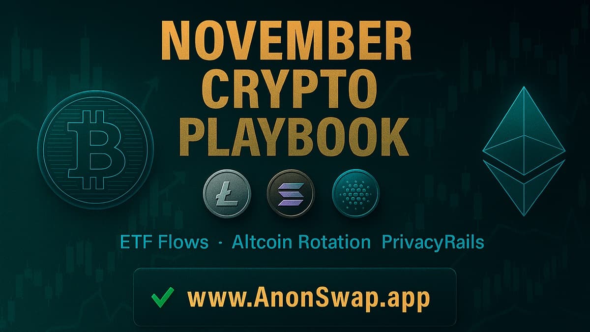 November Crypto Playbook — a market overview background with BTC and ETH wireframes, altcoin tokens, and a subtle overlay of charts and arrows indicating rotation and flows. Visual accents: cyan highlights for privacy rails and a green check for the official AnonSwap domain.