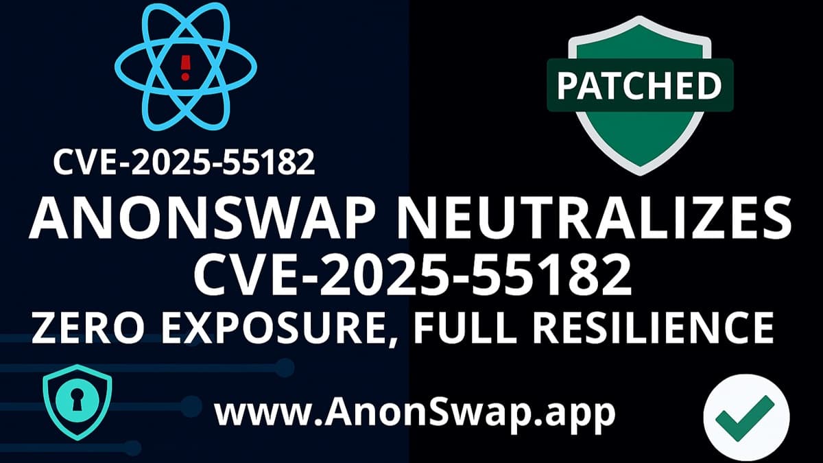 AnonSwap Neutralizes CVE-2025-55182 — split-screen visual showing React vulnerability alert on one side and a green shield with 'Patched' status on the other. Cyan accents for privacy rails and a green check for the official AnonSwap domain.