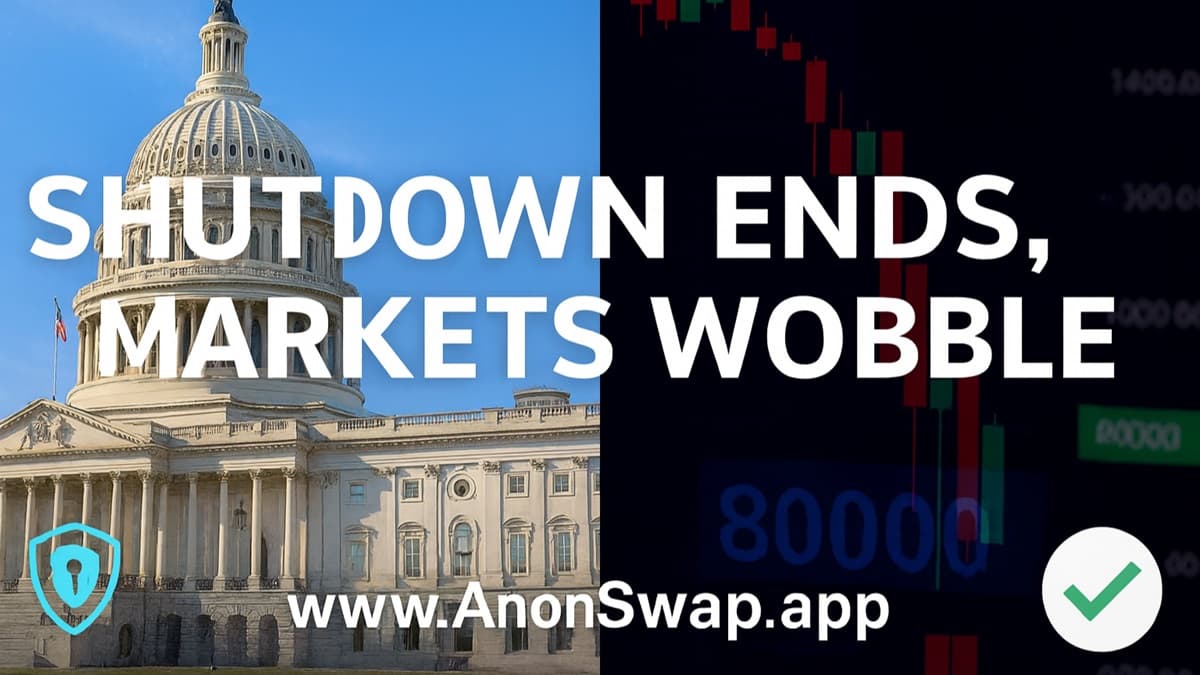 Shutdown Ends, Markets Wobble — split-screen visual showing U.S. Capitol reopening on one side, and Bitcoin price charts plunging to the $80K range on the other. Cyan accents for privacy rails and a green check for the official AnonSwap domain.