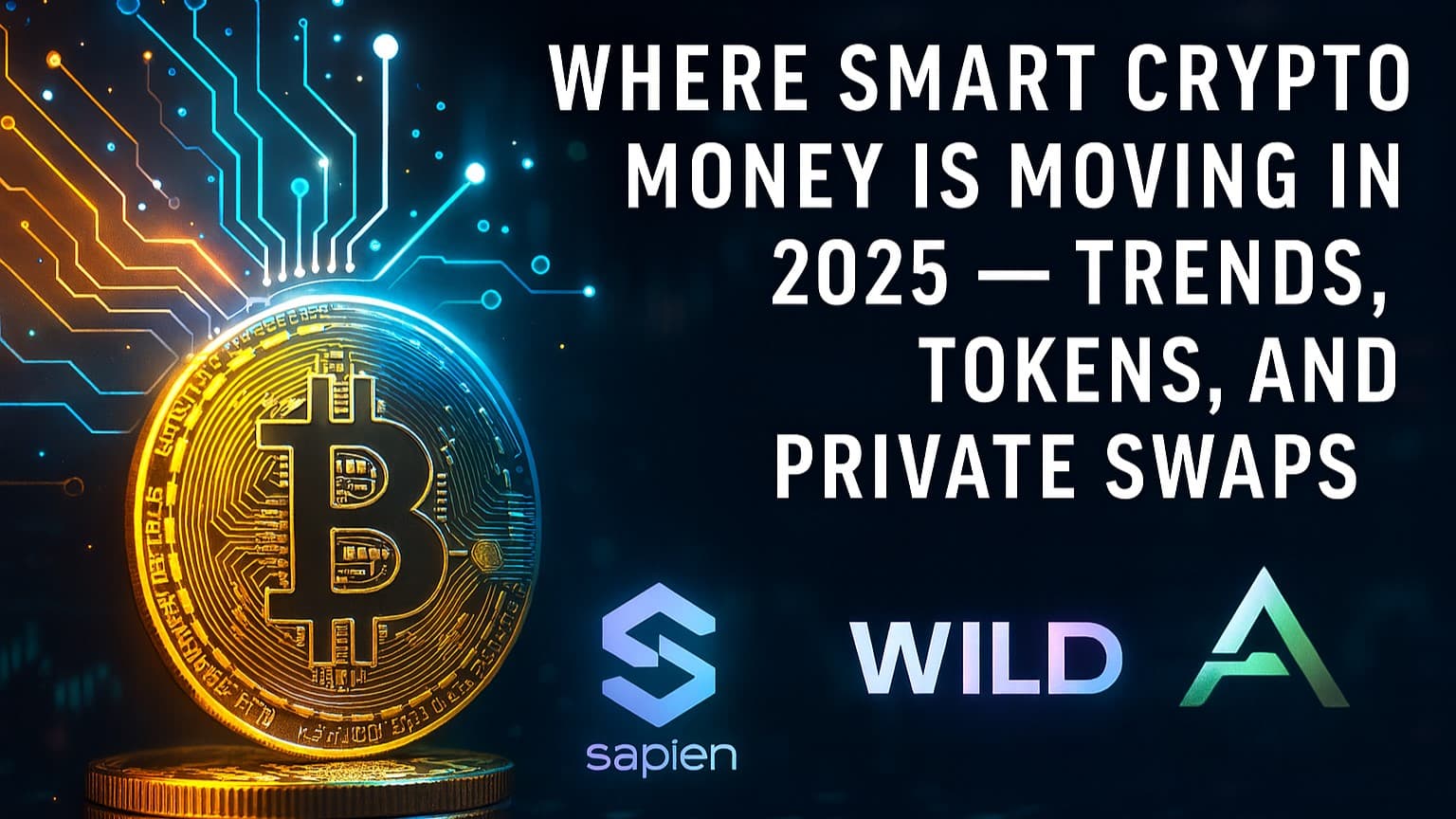 Editorial-style crypto market graphic for September 2025, featuring a golden Bitcoin coin in the foreground, a glowing AI circuit overlay, and a backdrop of token logos including Sapien, Wilder World, and AriaAI — symbolizing investor momentum toward AI, presales, and private swaps.