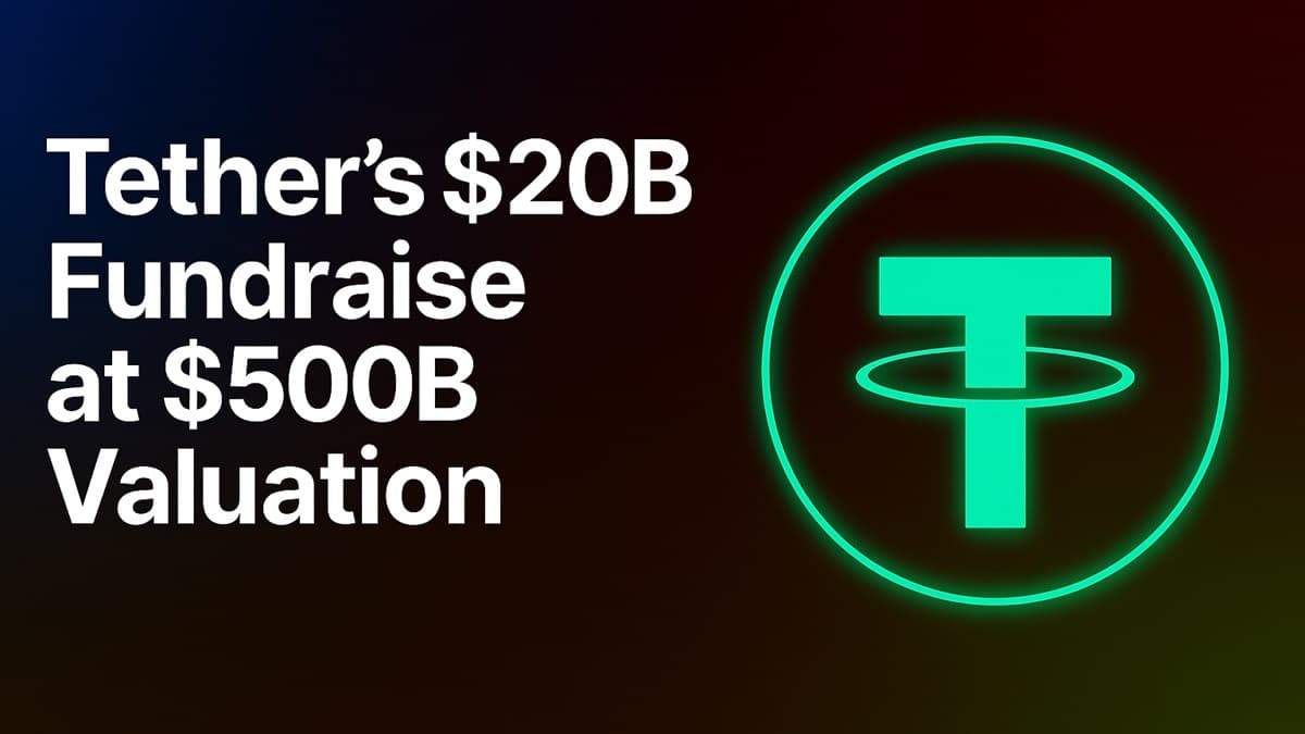Futuristic digital artwork highlighting Tether’s reported $20B fundraise at a $500B valuation. The design features a glowing green Tether (USDT) coin, financial charts, and valuation graphics on a dark background with cyan and green accents, symbolizing stablecoin growth and the importance of private, cross‑chain crypto swaps.