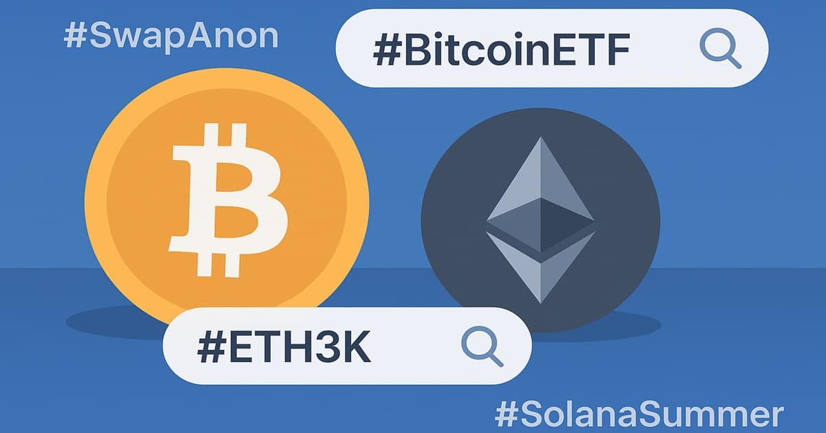 Bitcoin and Ethereum icons with trending hashtags and search bars