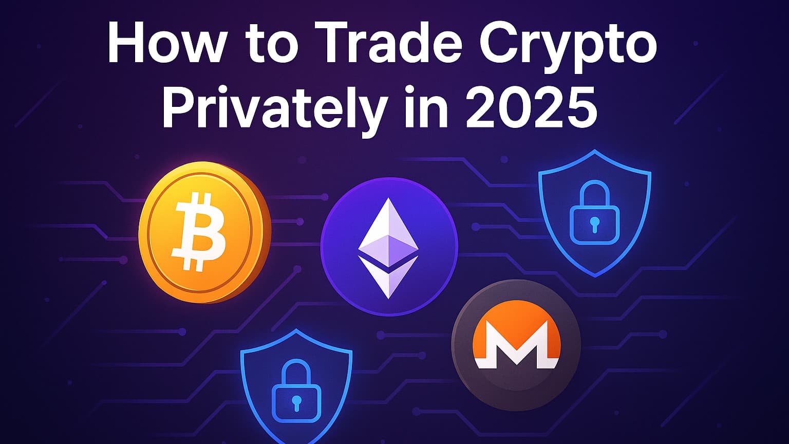Futuristic digital interface showing Bitcoin, Ethereum, and Monero logos with privacy shield icons over a dark purple gradient. Symbolizes anonymous no‑KYC crypto swaps, blockchain security, and white‑label crypto exchange technology in 2025.