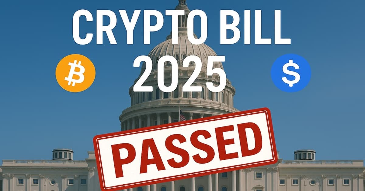 US Capitol dome flanked by Bitcoin and stablecoin logos with ‘Crypto Bill 2025’ headline.