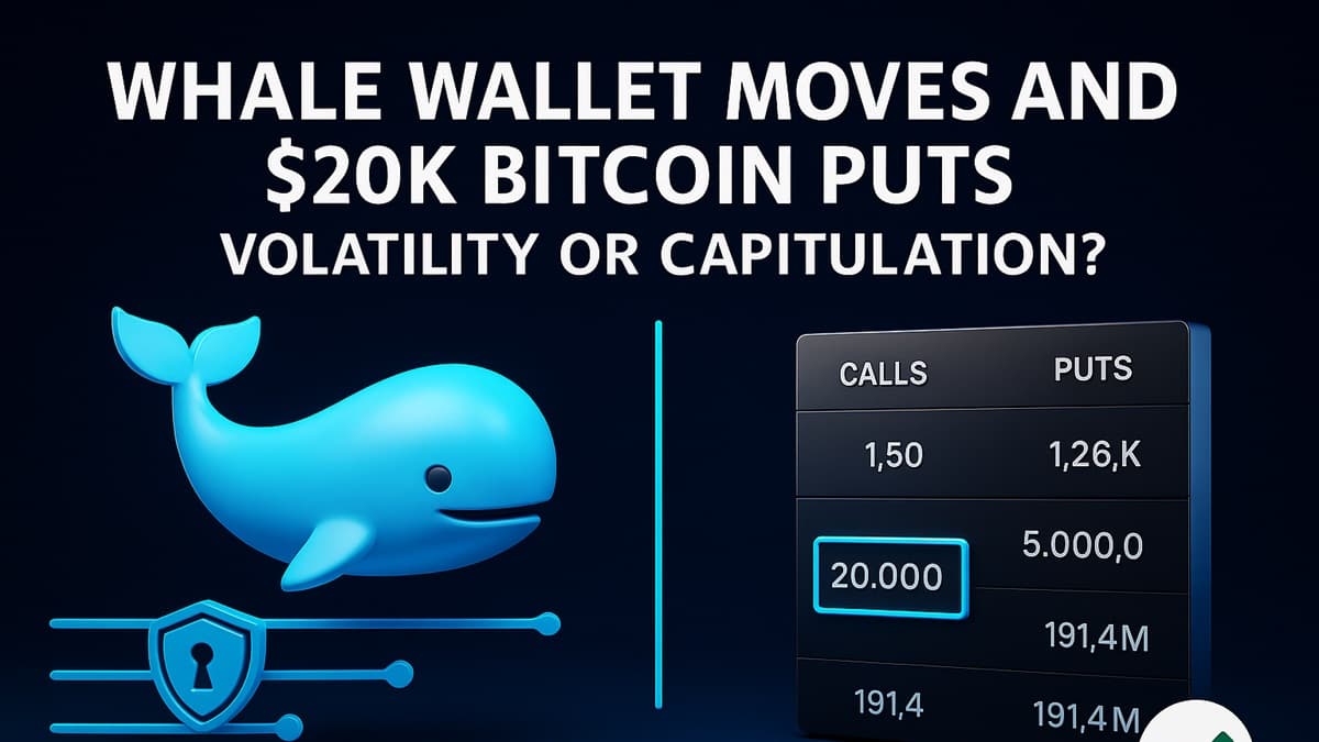Whale Wallet Moves and $20K Bitcoin Puts — split-screen visual showing a whale icon and blockchain transaction flow on one side, and Bitcoin options contracts with $20K strike highlighted on the other. Cyan accents for privacy rails and a green check for the official AnonSwap domain.