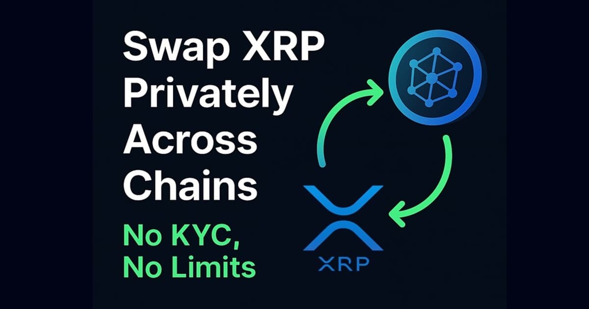 XRP Ledger cross-chain swap workflow on XRPL with privacy-first green arrows and icy blue gradients.