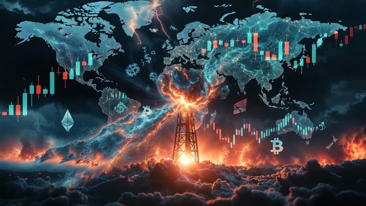 An abstract macro illustration showing rising energy prices and their ripple effects across global financial and crypto markets.